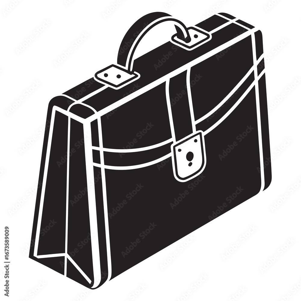 Poster illustration of a black briefcase with white outlines and handle in a vector graphic style created w
