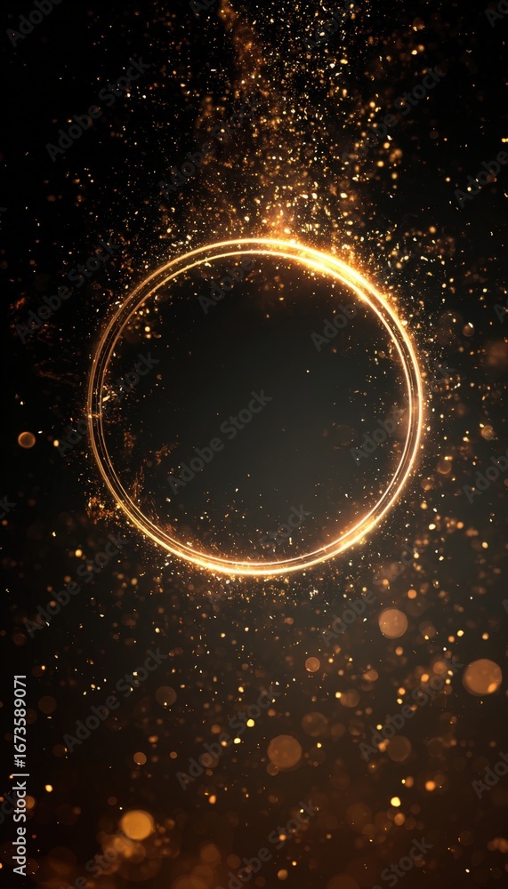 Poster dark abstract background with glowing central ring and particle textures