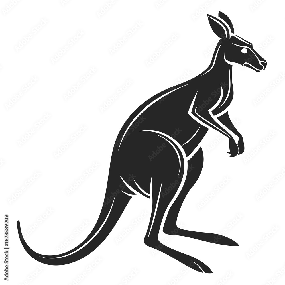 Poster illustration of a kangaroo standing upright in black and white with detailed line work and a simple 