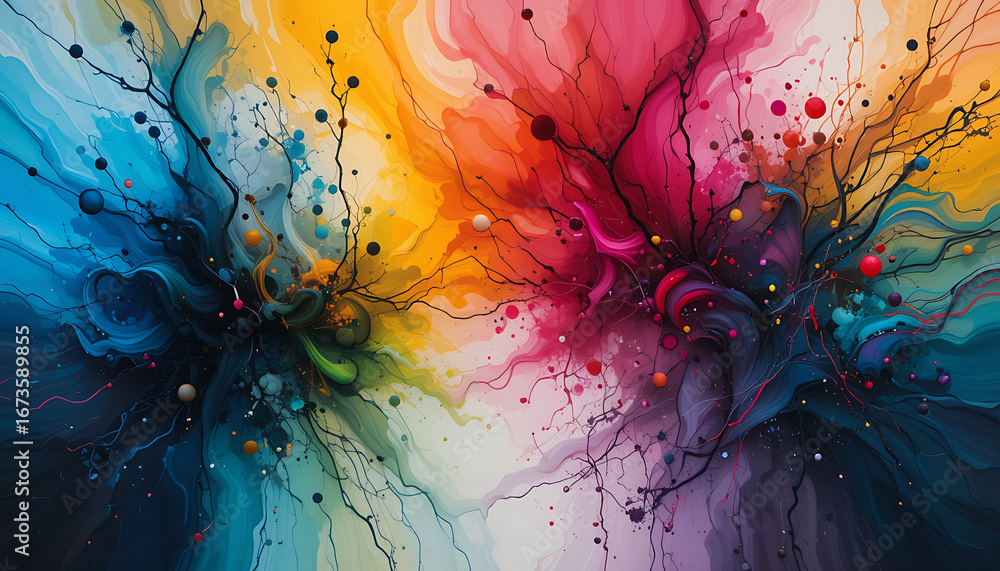 Poster vibrant explosion of colorful ink flowing and splashing in abstract artistic expression with bright 