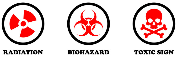 Radiation, biohazard, toxic sign, danger icons in red and black color isolated on white background. Hazard warning icons set. radiation, biohazard, dangerous, biological contamination, toxic waste