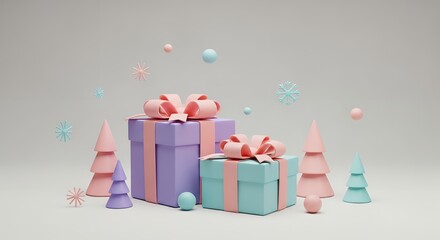 Two pastel colored gift boxes with pink ribbon bows sit among stylized pastel pink and blue Christmas trees and floating spheres Gifts Presents Holiday