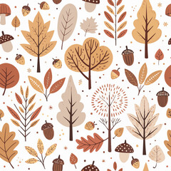 A charming autumn-themed illustration featuring leaves, trees, acorns, and mushrooms in warm tones, perfect for seasonal designs and nature-inspired decor.