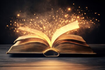 In a dimly lit space, an open book reveals radiant, glowing pages that emit enchanting sparks. The magical effect captivates the viewer, creating a mystical atmosphere
