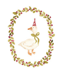 Retro Christmas card. Christmas wreath with goose. Watercolor hand painted design for festive card, banner, invitation. Fun xmas goose in mistletoe frame