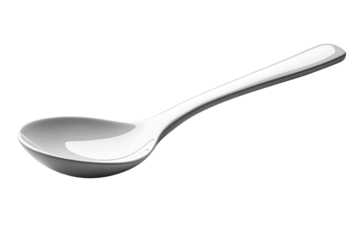 Shiny silver spoon with a smooth surface, white isolated background.