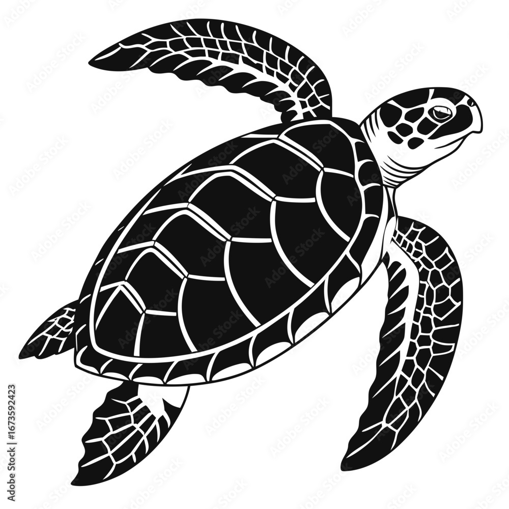 Poster illustration of a sea turtle with detailed shell and flippers in black and white vector format desig
