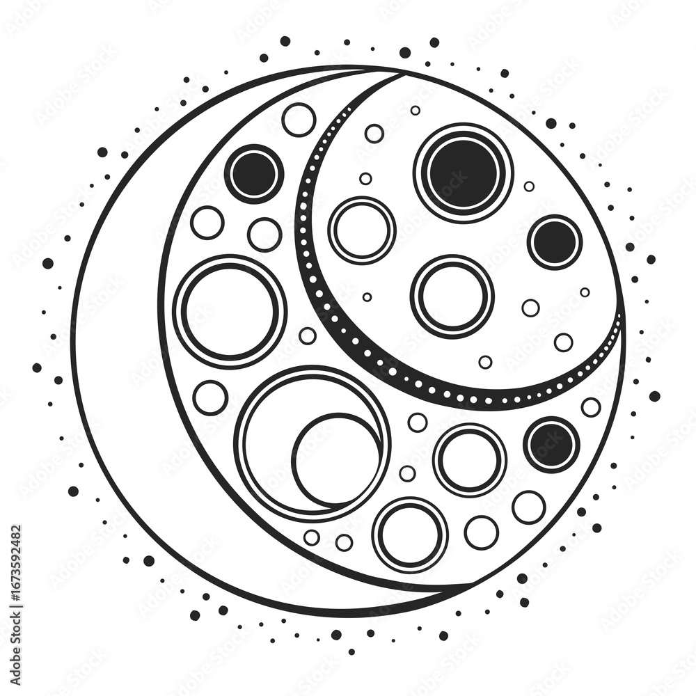 Poster stylized crescent moon with circular patterns and scattered dots in a black and white illustration c