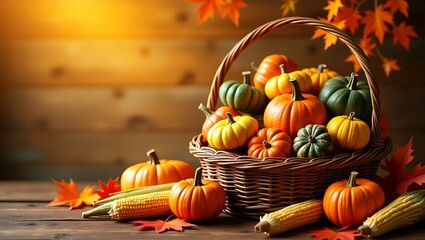 Autumn harvest basket overflowing with colorful pumpkins gourds and corn on rustic wood, autumn background, thanksgiving background