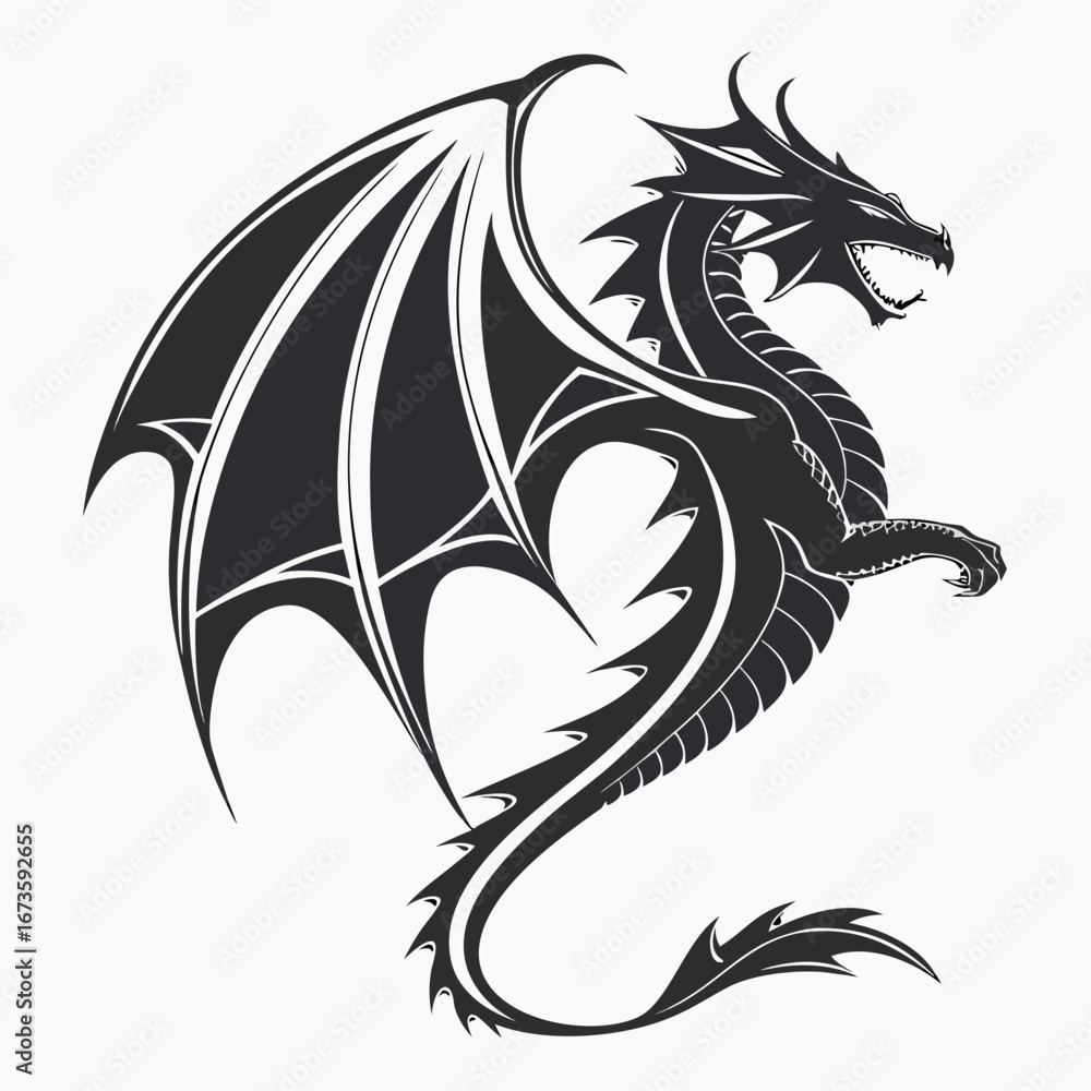 Poster illustration of a black dragon with large wings and sharp teeth in a dynamic pose against white back