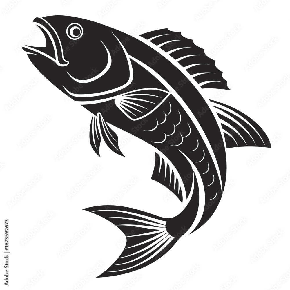 Poster illustration of a black fish with an open mouth and detailed fins on a white background vector image