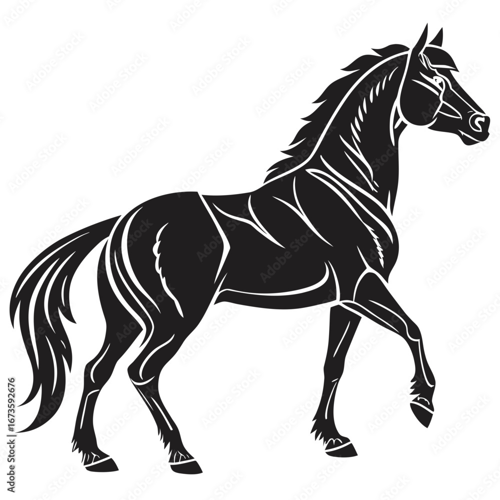Poster stylized black horse with white outline standing majestically against a white background in vector f
