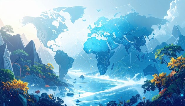 World Map Overlaying Landscape with Mountains and Water