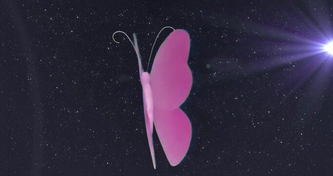 At scene start pink 3D butterfly pivoting to reveal wings against star field with lens flare