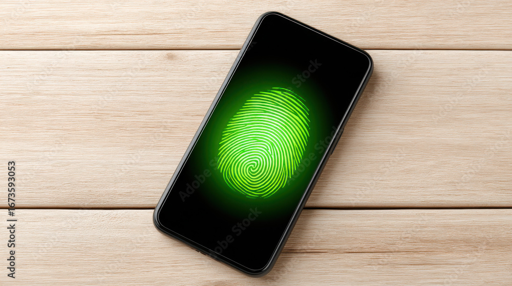 Aufkleber smartphone displaying green fingerprint authentication interface on wooden surface, symbolizing secu