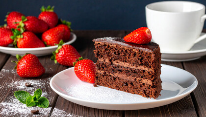 Chocolate cake slice presented with fresh strawberries and powdered sugar on a white plate
