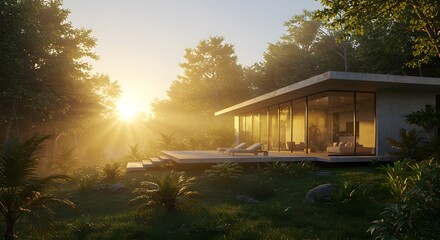 Fototapeta premium Sunrise Golden Light On Modern House Glass Facade