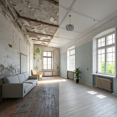 Before and after room renovation comparison showing a drab space transformed into a bright modern area