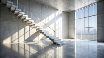 Fototapeta premium Modern concrete interior with a floating staircase and large windows overlooking a city skyline bathed in sunlight