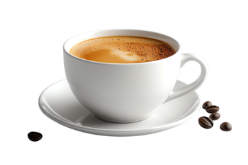 Fresh coffee in a white cup served on a saucer with coffee beans on the side.