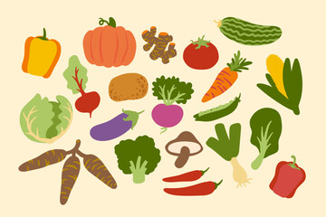 Set of fruits and vegetables. Different colorful vegetables and fruits Vector Illustration.