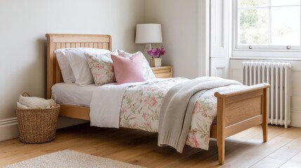Obraz premium english country kids bedroom full view, light wooden bed with cotton blanket in faded floral pattern, soft white wall, pale oak floor, warm natural daylight