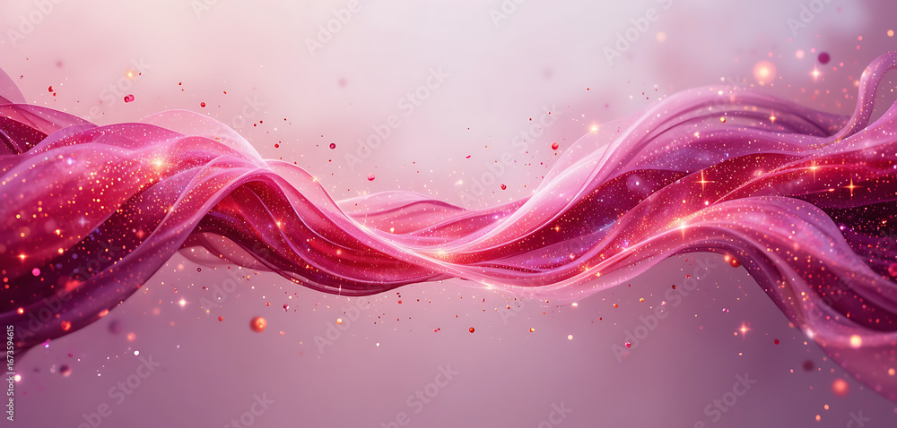 Poster abstract flowing ribbon of vibrant pink and red fabric with shimmering glitter particles creating a 