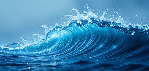 A powerful translucent blue ocean wave crests and breaks with dramatic white spray against a soft misty blue background capturing the dynamic energy of the sea