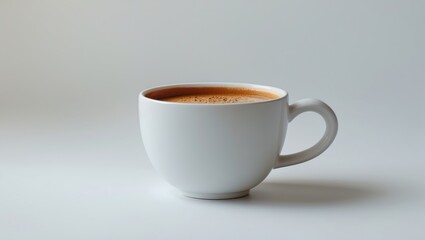 A plain white cup filled with hot chocolate or coffee on a white surface.
