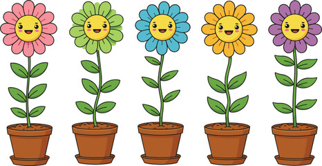 Cute cartoon flowers in pots with smiling faces, colorful petals, green leaves, happy plant vector illustration for children, spring, garden, decoration