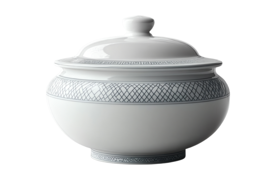 Elegant porcelain bowl with a lid, featuring intricate blue patterns on a white background.