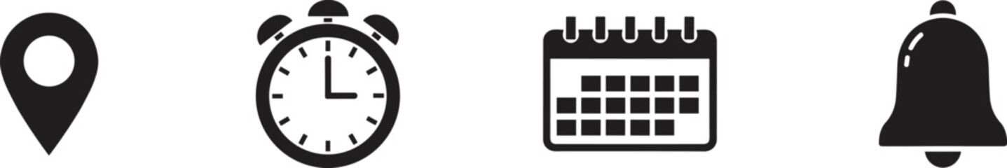 Location pin, alarm clock, calendar and notification bell icon set, black vector symbols, reminder and schedule design elements, time management illustration