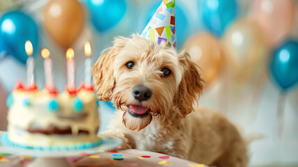 Happy dog celebrating birthday with cake and candles in a cozy indoor setting during daytime,generative ai