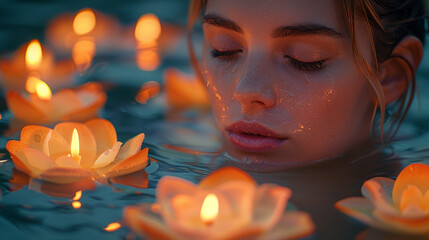 Woman with closed eyes, floating in water, surrounded by lotus candles.