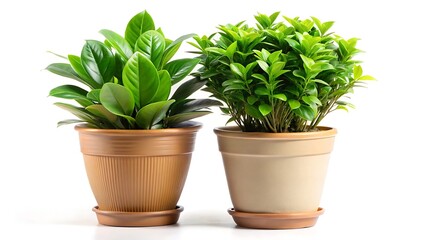 Two potted green houseplants with lush leaves in terracotta and beige pots, isolated on white background