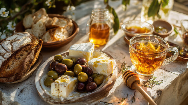 A beautiful Mediterranean breakfast set in the warm sunlight, featuring rustic crusty bread, creamy white cheese drizzled with golden honey, and a mix of green and black olives on a ceramic plate. A g