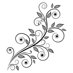 Decorative floral illustration. A black and white swirl pattern with dots and small leaves. 