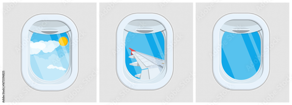 Poster airplane window collection showing different views of sky, wing and empty frame. flight concept for 