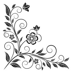 Decorative flourish. A corner graphic with swirling vines, leaves, and several stylized flowers. A black and white vector illustration.

