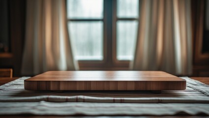 Obraz premium A wooden cutting board placed on a bed with a window and curtains in the background.
