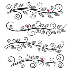 Whimsical flourish decorations include swirls, leaves, and small hearts. These delicate black line art designs offer a touch of romance and elegance.

