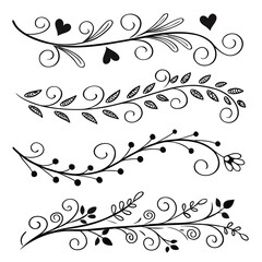 Decorative image of four hand-drawn, flourished vines. The black ink drawings include hearts, leaves, swirls and berries.

