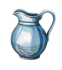 Watercolor illustration of a vintage metal watering can, isolated on white background. Antique watering can in metallic blue shades, painted in realistic watercolor style
