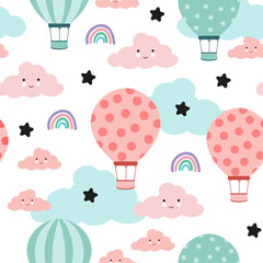 cute kawaii seamless pattern with hot air balloons clouds and stars