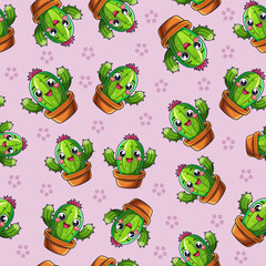 Obraz premium cute kawaii cactus seamless pattern