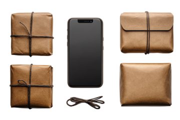 Gifts wrapped in brown paper, a smartphone and charging cable, all on a clean surface.