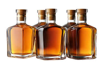 Four elegant whiskey bottles with corked tops arranged in a stylish formation against a white background.