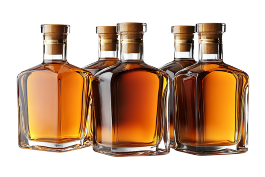 Four elegant whiskey bottles with corked tops arranged in a stylish formation against a white background.