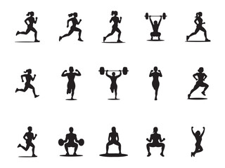 Diverse Fitness Activities Silhouette of Women and Men, a collection of black silhouette figures engaged in various fitness activities.