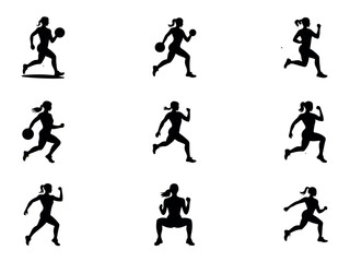 Female Athletes in Dynamic Exercise Silhouettes, Collection of black silhouette figures of women engaging in various athletic activities, including running, exercising with weights, and plyometrics.